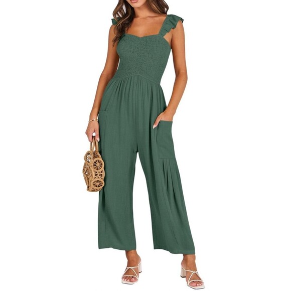 NWT Wide Leg Jumpsuit Womens Small Cottagecore Boho Prairie Forrest Green - Picture 1 of 8
